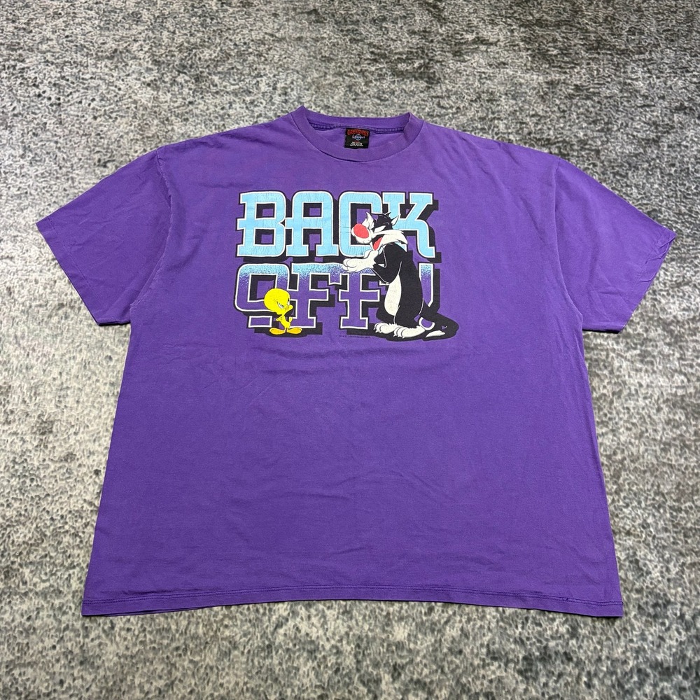 VTG Looney Tunes 'Back Off!' T Shirt Mens 3XL Purple Sylvester Cat Tweety Bird